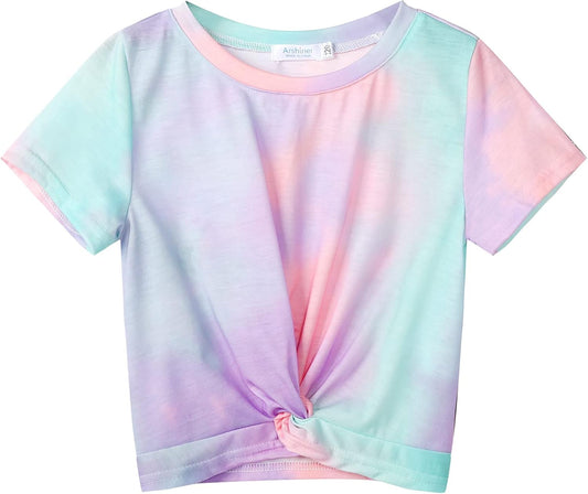 Arshiner Girls T-Shirts Twist Front Kids Summer Printed Round Neck Short Sleeve Tops Casual Fashion Tee Shirt for Girls 5-12 Years