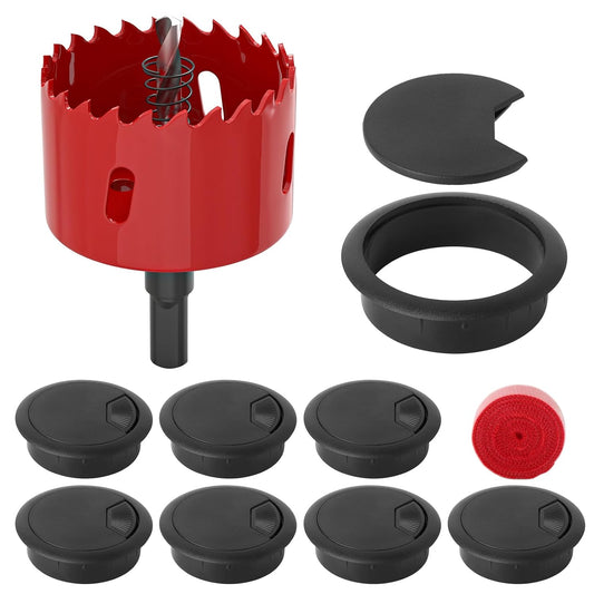 8PCS Black 2-3/8" (60 mm) Desk Grommet, Desk Cable Hole Cover with Hole Saw, Desk Grommet with Hook and Loop Tape