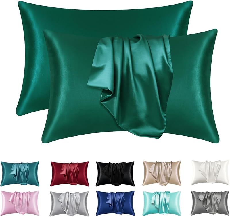 Satin Silk Pillowcases for Skin and Hair,Set of 2 Satin Pillow Cases for Women with Envelope Closure,Soft Breathable Smooth Cooling Silk Pillow Covers for Gifts，Solid Black，Queen (20" x 30")