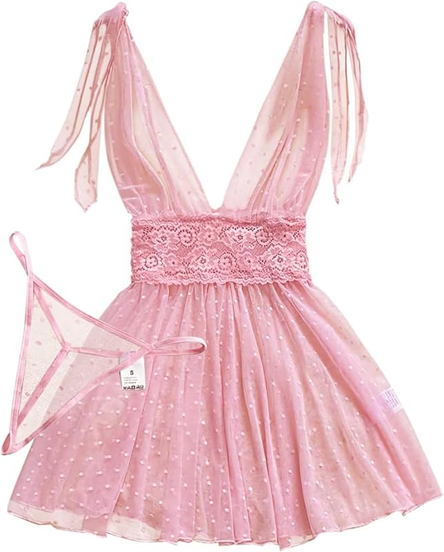 Lilosy Sexy Polka Dots Mesh Sheer Lace Babydoll Chemise Lingerie Set Floral Lace Sleep Wear