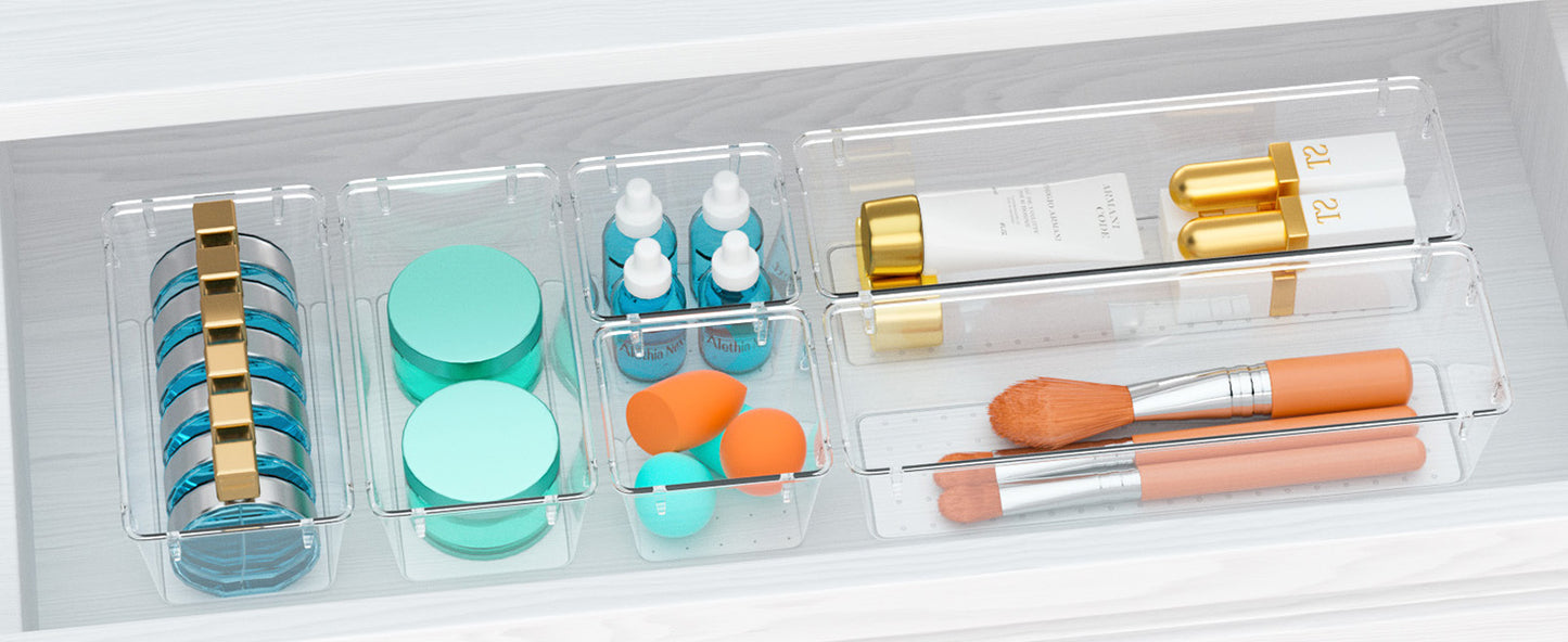 WOWBOX 6 Pack Clear Drawer Organizer Set, Acrylic Drawer Storage Trays, Storage Bins for Makeup, Cosmetics, Jewelries, Utensils, Gadgets, Office