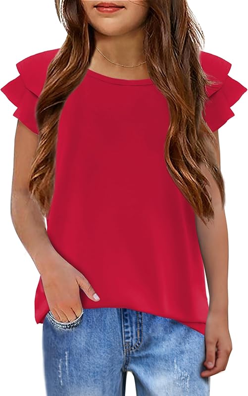 Girls T Shirts Ruffle Short Sleeve Round Neck Loose Blouse Summer Solid Color Casual Girl Tee Tops for 3-12 Years