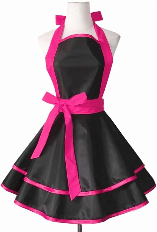 Violet Mist Cute Lovely Retro Aprons for Women Girls Ladies Sexy Vintage Aprons Black Pink Vintage 50s Apron Halloween Christmas Apron Cooking Kitchen Ruffle Apron for Housewife Waitress Mother's Gift
