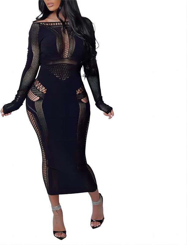 Women's Sexy Hollow Out Long Sleeves See Through Club One Piece Mesh Bodycon Maxi Dress
