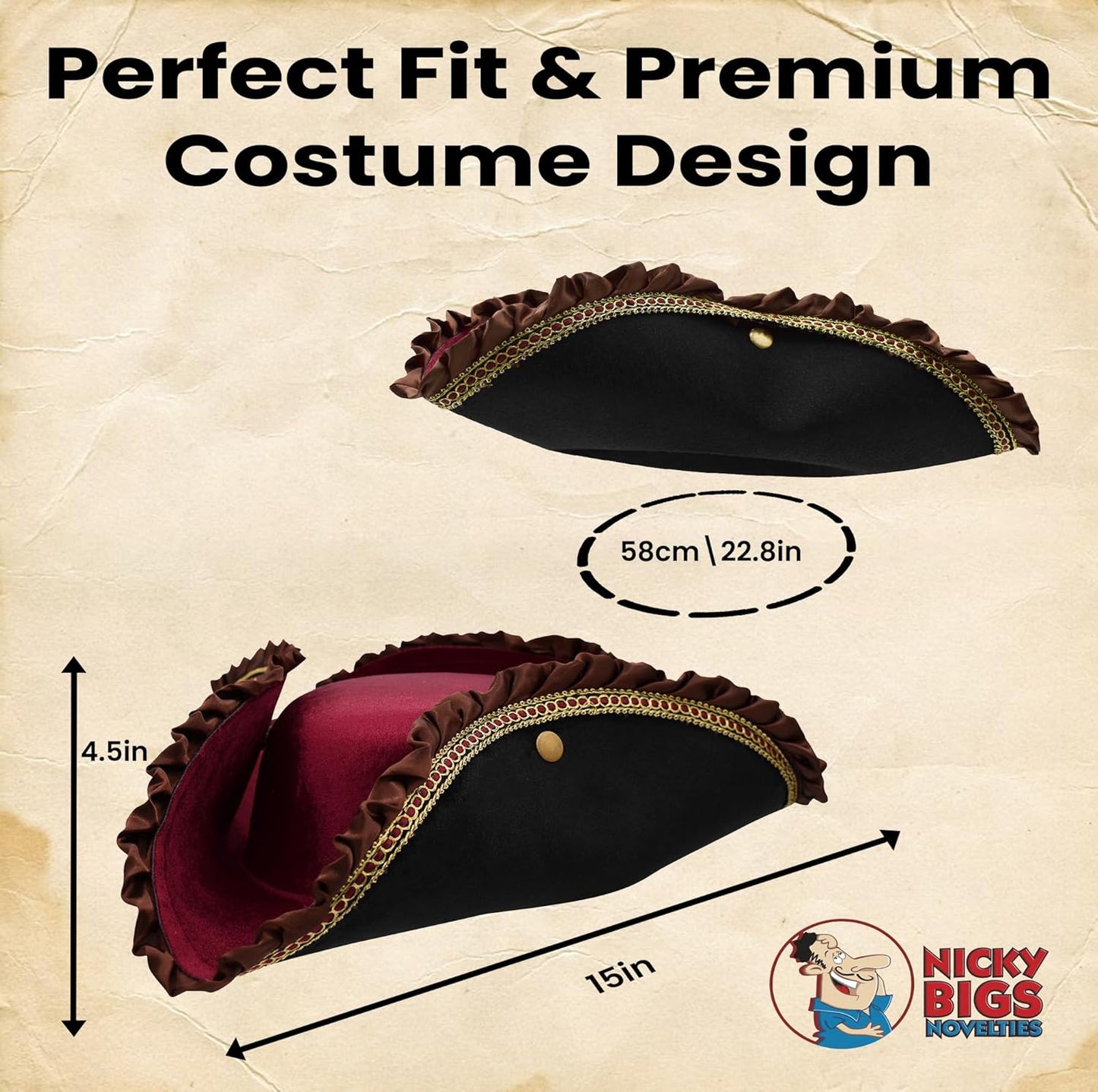 Nicky Bigs Novelties Adult Deluxe Black Tricorn Tricorner Pirate Hat Buccaneers Cap Costume Accessory