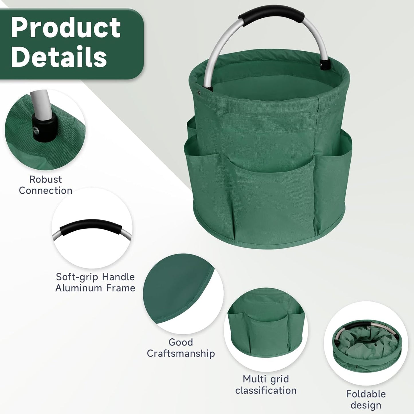 Collapsible Basket with Handles: Portable Picnic, Beach, Garden Harvest， Market Shopping Basket, Home Storage, Bathroom Organizer（Green）