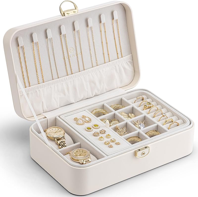Vlando Jewelry Box Organizer for Women Girls, 2 Layer Jewelry Case with Lock,Jewelry Storage Earrings Necklace,Rings,Gift for Teachers Wedding Birthday Gifts-Cream White