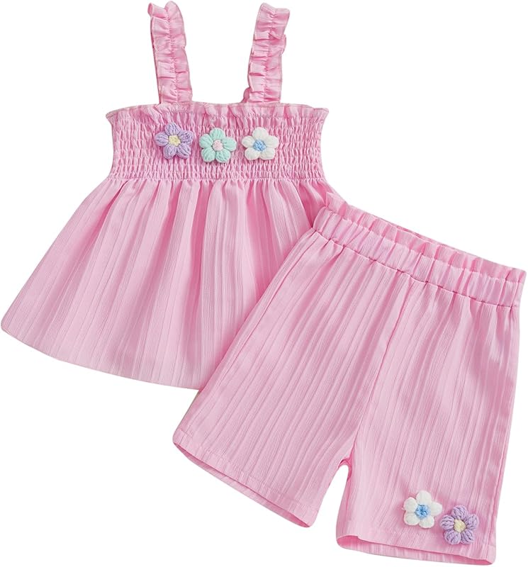 Toddler Baby Girl Summer Outfit 3D Flower Embroidery Smocked Sleeveless Tops Elastic Waist Shorts 2Pcs Clothes Set