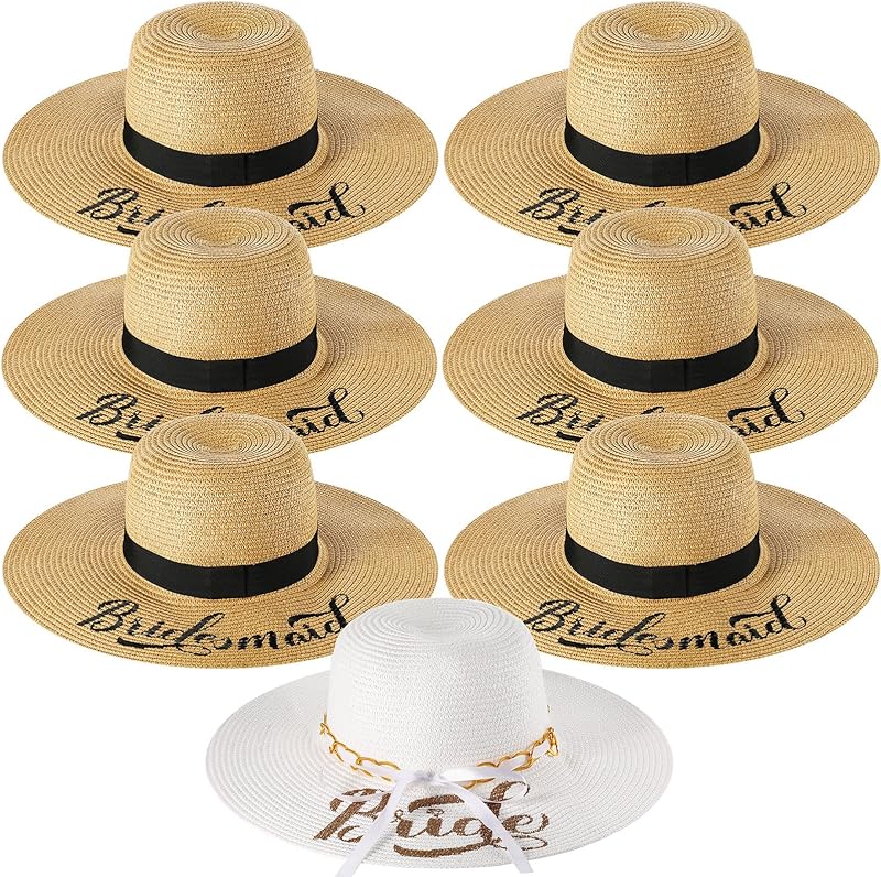 Geyoga 7 Pcs Bride and Bridesmaid Sun Hat Bulk Foldable Floppy Women Hat for Bachelorette Party Gift Honeymoon
