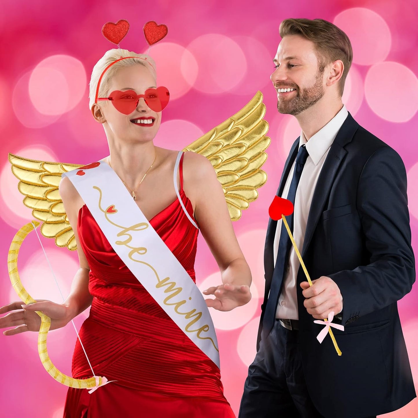Marsui 7 Pcs Valentines Cupid Costume Set Valentine's Cupid Accessory Kit Includes Wings, Heart Sunglasses, Bopper Heart Headband, Body Sash, Bow and Arrow and Tutu Skirt for Women Men Adult Props Set