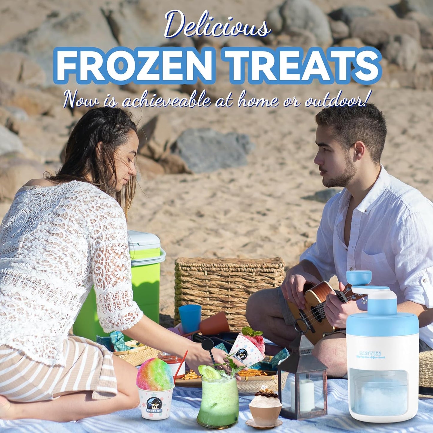 Manual Shaved Ice Maker Machine, Ice Shaver Machine, Snow Cone Maker Machine, Portable Ice Crusher, 10 Cups 10 Spoon Straws & Recipes Included (Blue)
