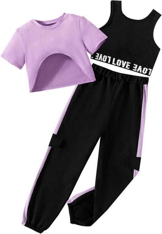 Hilinker Girl's Graphic 3 Piece Outfits Short Sleeve Crop Top Letter Tank and Sweatpants Set