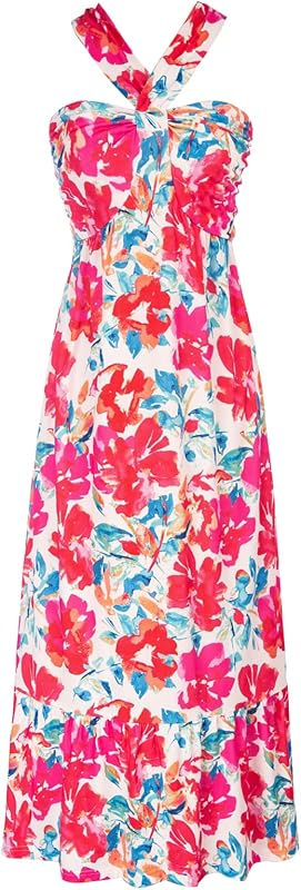 GRACE KARIN 2025 Women's Criss Cross Halterneck Sleeveless Summer Floral Print Flowy A Line Maxi Dress