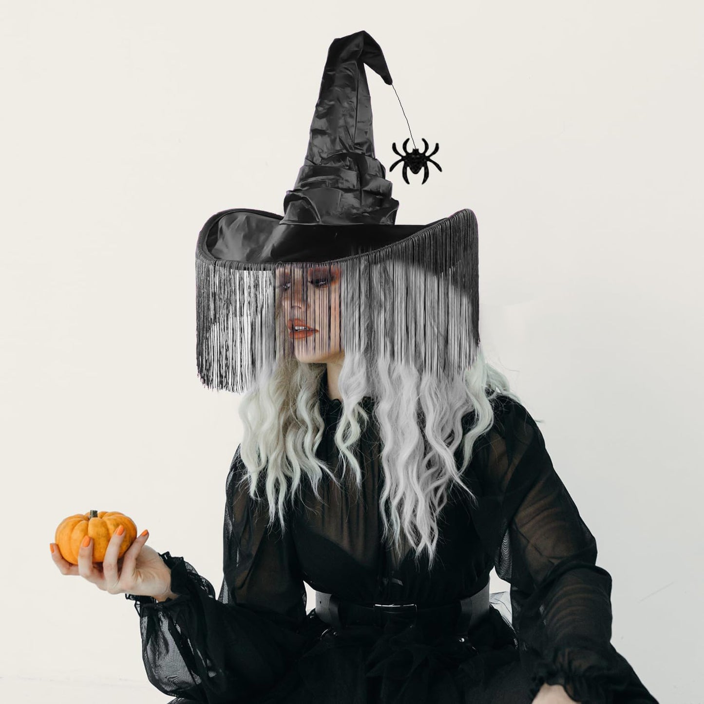 Black Witch Hat for Women, Halloween Witches Hat Adult with Veils, Large Witch Hats Cute Fancy Sorting Cap for Halloween Sexy Cosplay Costume Birthday Party Decorations Dress up Headwear with Spider