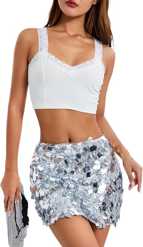 ANKOMINA Women's Sexy Shiny Sequin Mini Skirt Glitter Low Waist Pencil Skirts Bodycon Dance Party Club Short Skirt