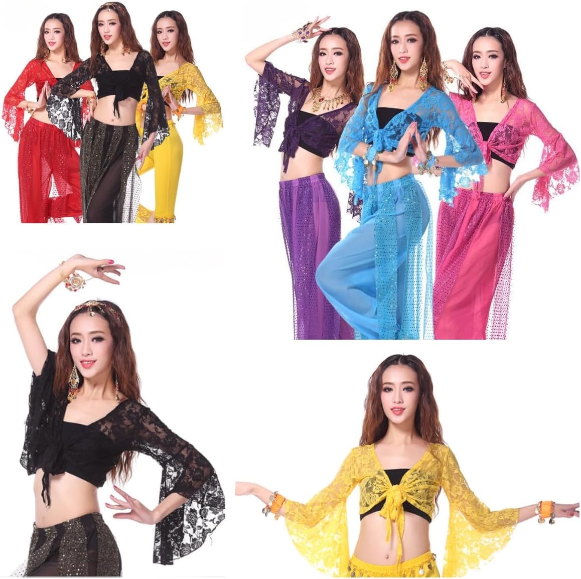 Women Belly Dance 3/4 Flared Sleeve Wrap Top, Knot Bandage Floral Shawl Crop for Dancewear, Lace Butterfly Tribal Yoga Costume Accessories for Women Girls