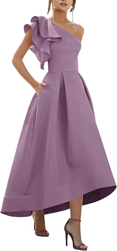 One Shoulder Satin Mother of Bride Dresses 2025 High-Low Ruffle Formal Evening Party Gowns