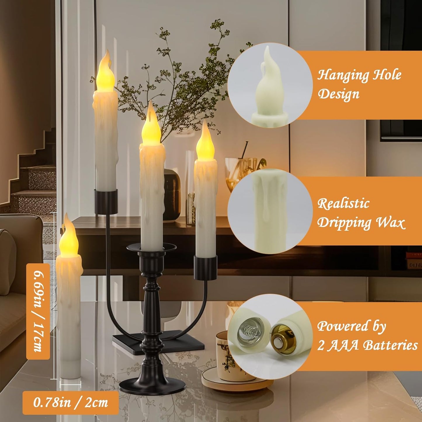 PChero 6pcs Flameless Taper Candles with Timer, 6.7" LED Battery Operated Tapered Candlesticks with Warm Yellow Flickering Flame, Dripless Candles for Halloween Themed Party Xmas Home Decorations