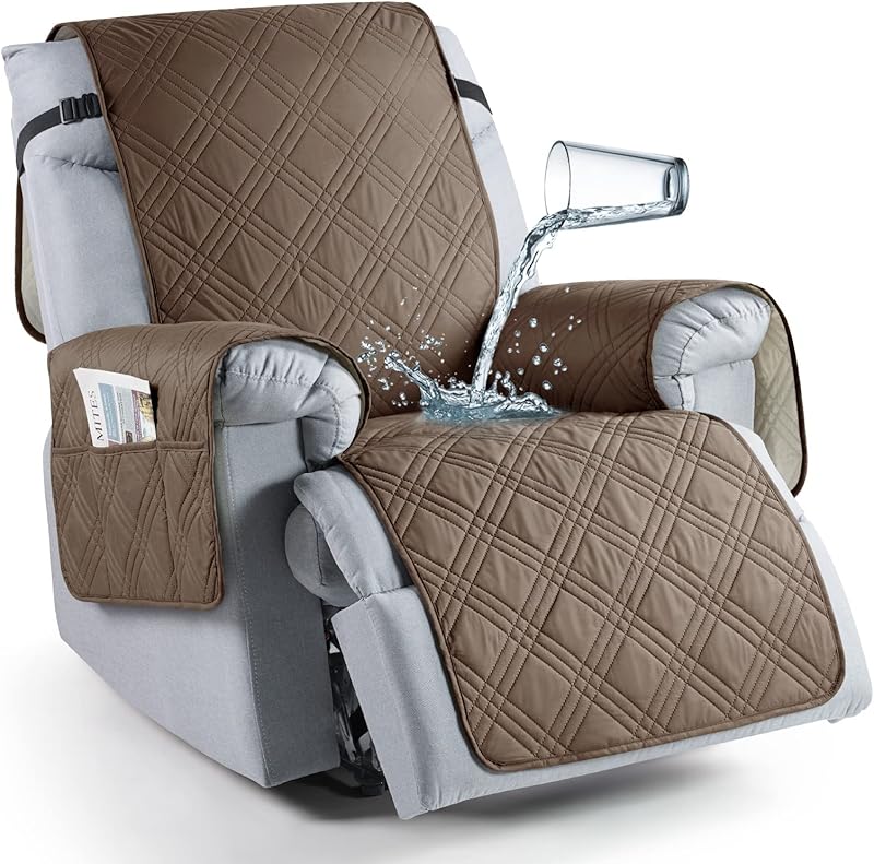 TAOCOCO 100% Waterproof Recliner Chair Cover, Non Slip Covers for Recliner Chair with Pocket, Washable Reclining Chair/Furniture Protector for Kids, Pets(23.6'', Chocolate)