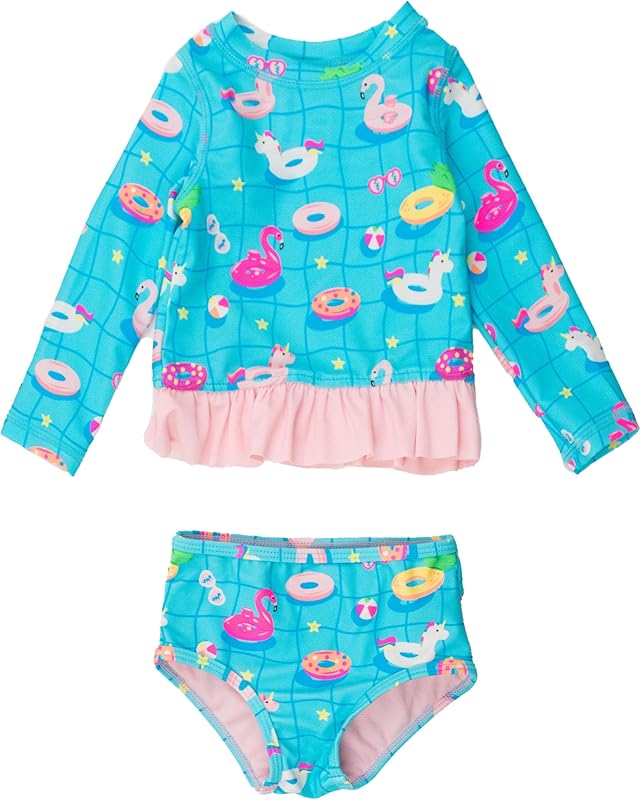 RuffleButts Baby/Toddler Girls Long Sleeve Rash Guard UPF50+ Sun Protected Bikini Swimsuit