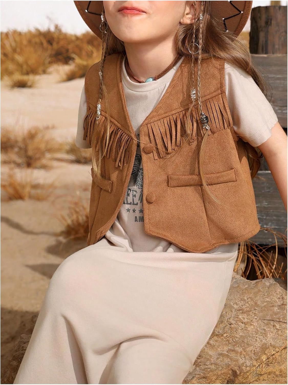 Verdusa Girl's Western Fringe Crop Vest 70s Hippie Boho Tassels Cowgirl Jacket