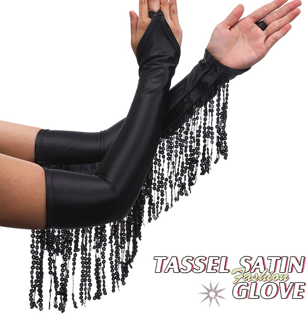 Women 1920s Tassel Glitter Long Gloves Sequin Opera Fingerless Glove Rave Party Satin Arm Sleeves(Black)