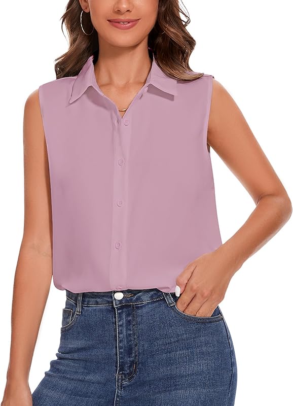 YAMANMAN Womens Sleeveless Button Down Shirt Classic Collared Blouse Basic Tank Tops Work Office Chiffon Tops