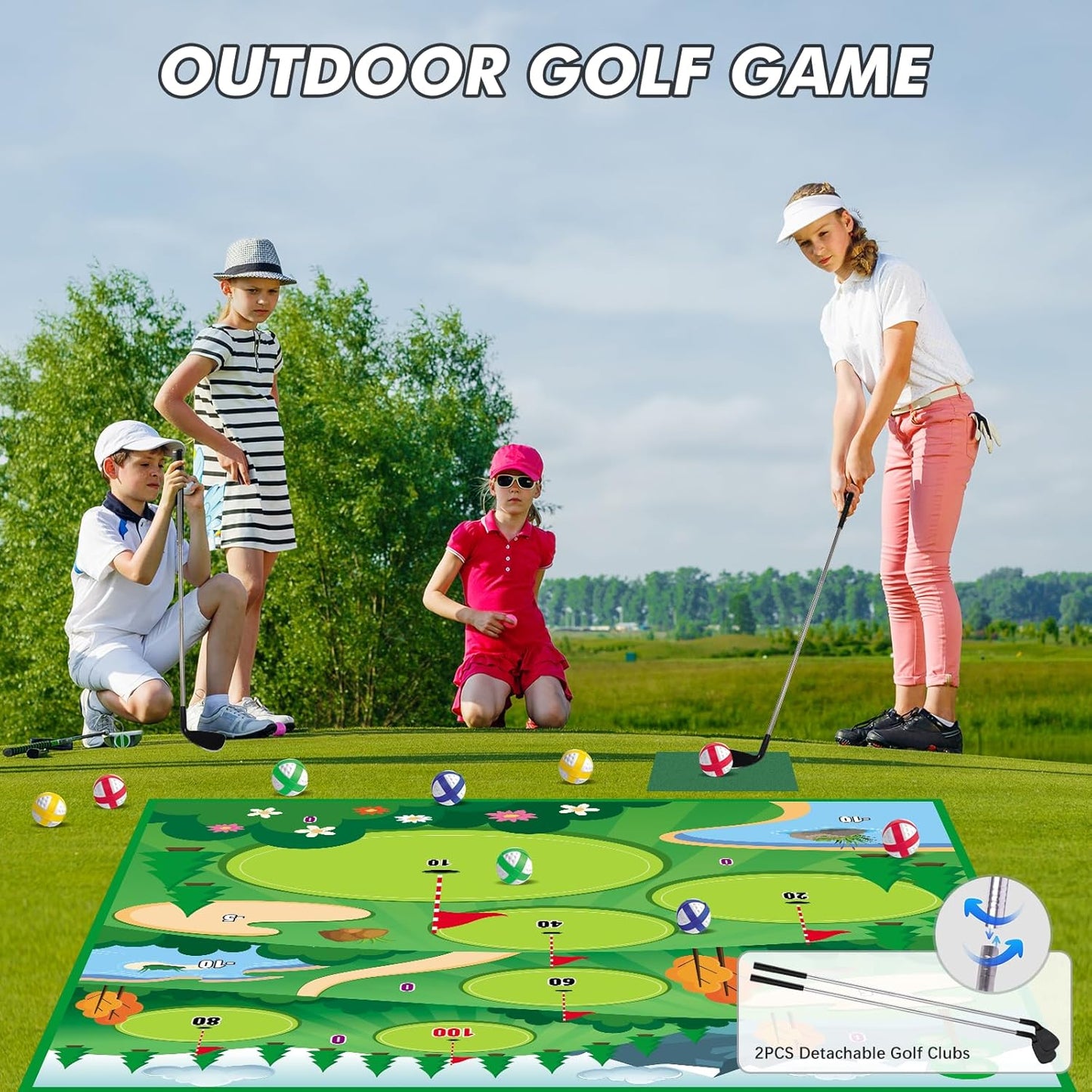 VATOS Golf Chipping Game Mat with Club, Golf Practice Mats Golf Training Mat Indoor Outdoor for Kids Adults Family, Golf Hitting Mat with 20 Balls, Play Equipment Stick Chip Golf Set Backyard Game