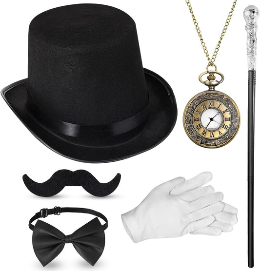 Jadive 6 Pcs 1920s Men Accessories Gentleman Costume Hat Round Head Scepter Magnifying Glass Necklace Bow Tie Gloves Beard