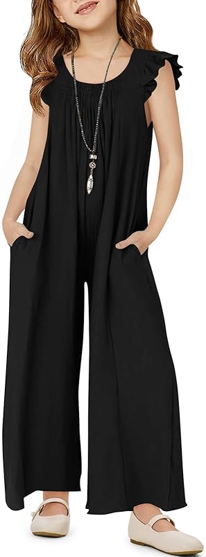 Haloumoning Girls Wide Leg Loose Jumpsuit Kids Casual Ruffle Sleeve Round Neck Romper with Pockets 5-14 Years