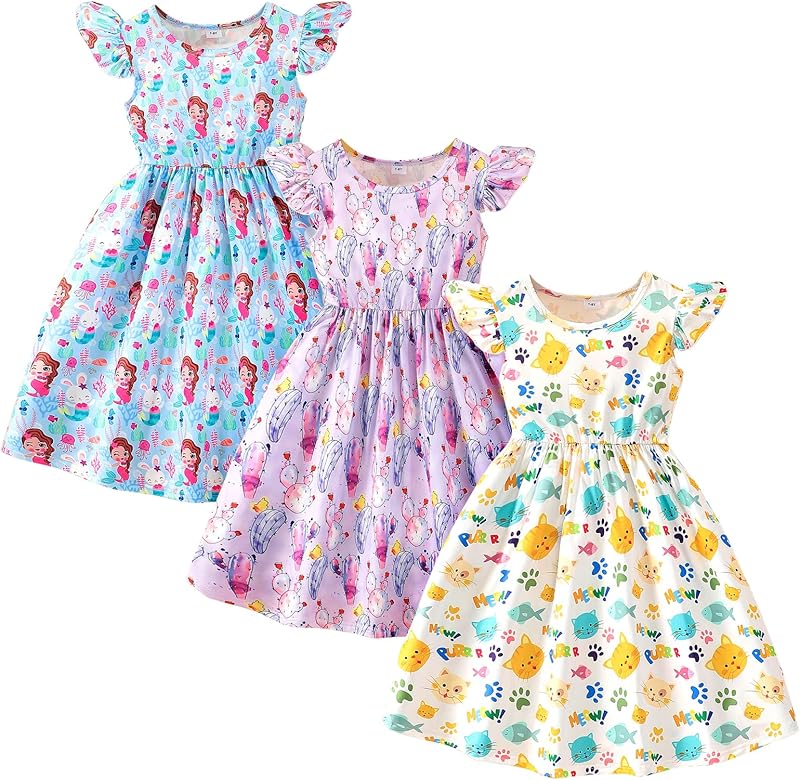 Toddler Little Girls Casual Dresses Short Sleeve Crew Neck Graphic Cartoon Dress for 2-8 Years