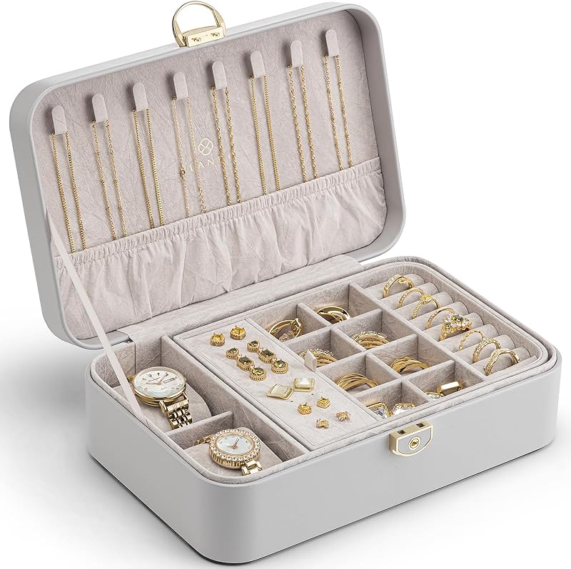 Vlando Jewelry Box Organizer for Women Girls, 2 Layer Jewelry Case with Lock,Jewelry Storage Earrings Necklace,Rings,Gift for Teachers Wedding Birthday Gifts-Cream White