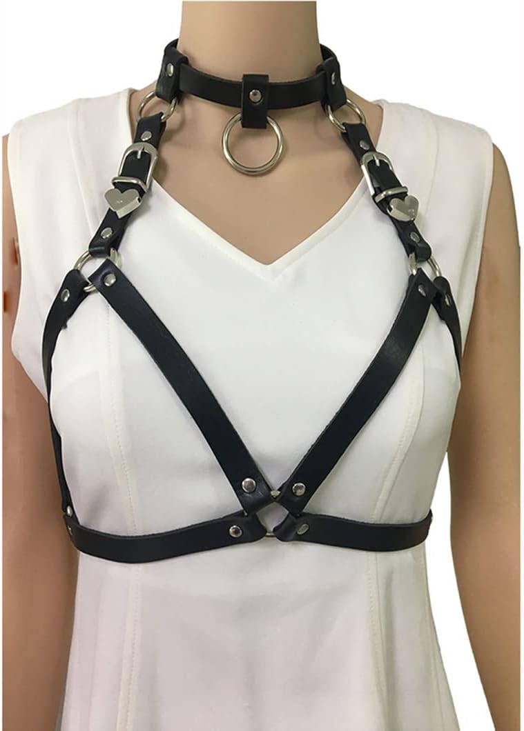 Leather Chest Straps Harness Body Chain Heart Harajuku Punk Caged Bra Waist Belts with Choker Collar for Women Rave Outfits