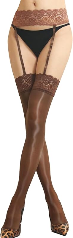 HTRUIYA Garter Stockings for Women Shiny Suspender Stockings Tights Lace Top Sheer Thigh High Silicone Control Pantyhose