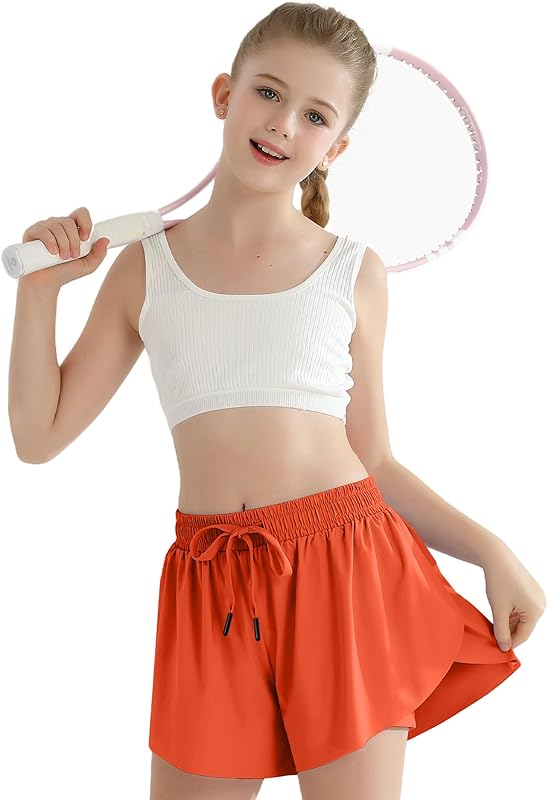 Girls Flowy Athletic Shorts with Pocket Kids Spandex 2 in 1 Drawstring Butterfly Skorts for Cheer, Dance, Running