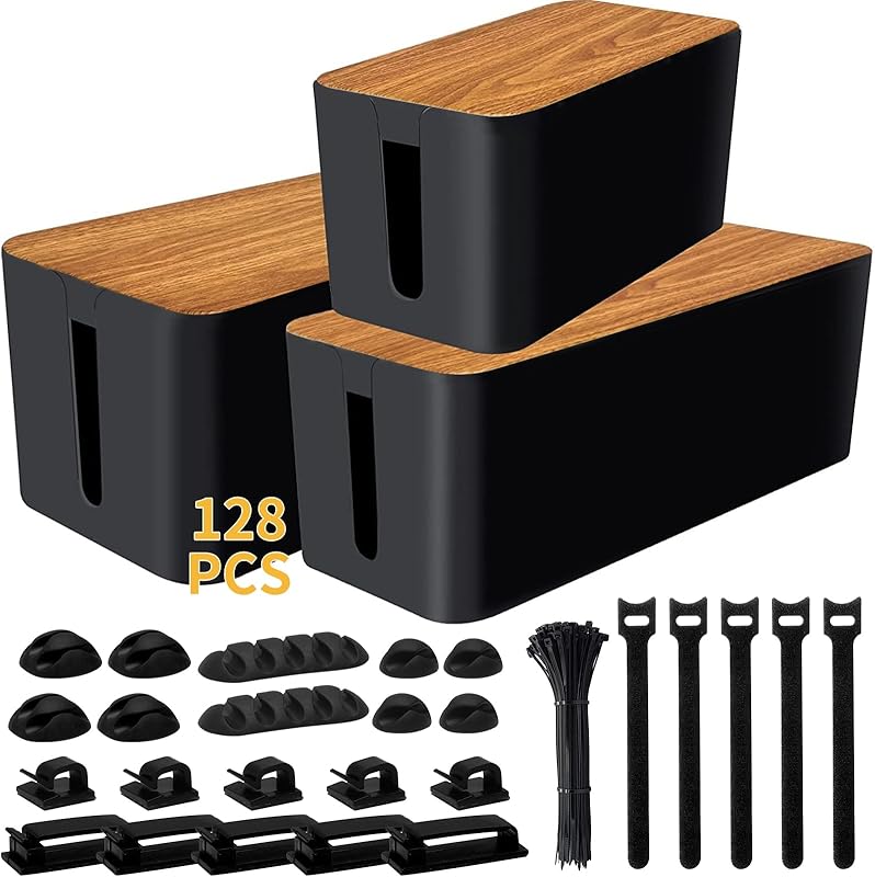 Cable Management Box 3 Pack with 125PCS Cable Management Kit for Power Strip to Hide Wires,Cord Organizer Boxes,Safe ABS Material Wire Organizer of Cable Clips Sleeve