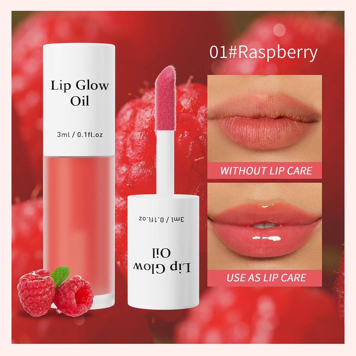 Korean Lip Oil - Fruity Flavor Lip Glow Oil, Moisturizing Hydrating & Nourishing Non-stick Cup Transparent Plumping Lip Gloss for Dry Lips & Lip Care (01#Raspberry)