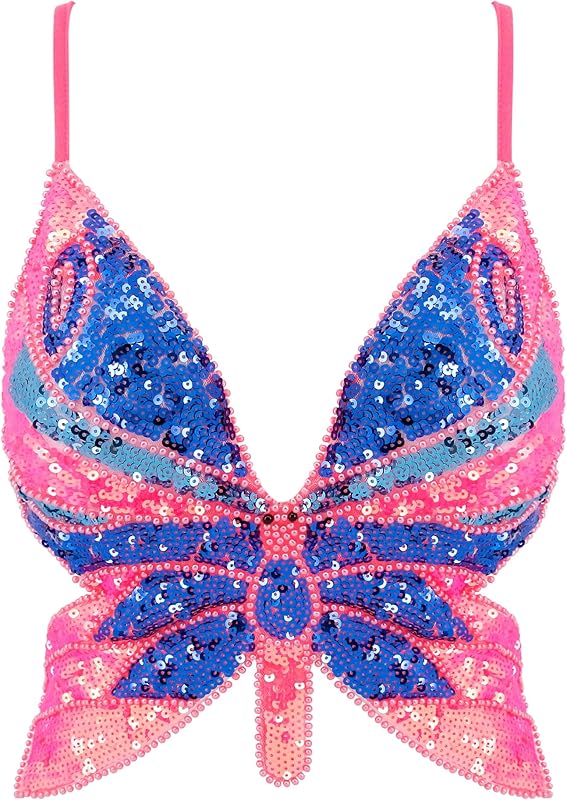 Mocure Womens Glitter Sequin Butterfly Crop Top Low-Cut Tank Top Rave Tube Vest Top for Belly Dance Costume Outfits