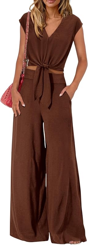 PRETTYGARDEN Women's Summer 2 Piece Outfits 2025 Cap Sleeve V Neck Belted Crop Tops Wide Leg Pant Sets Casual Tracksuit