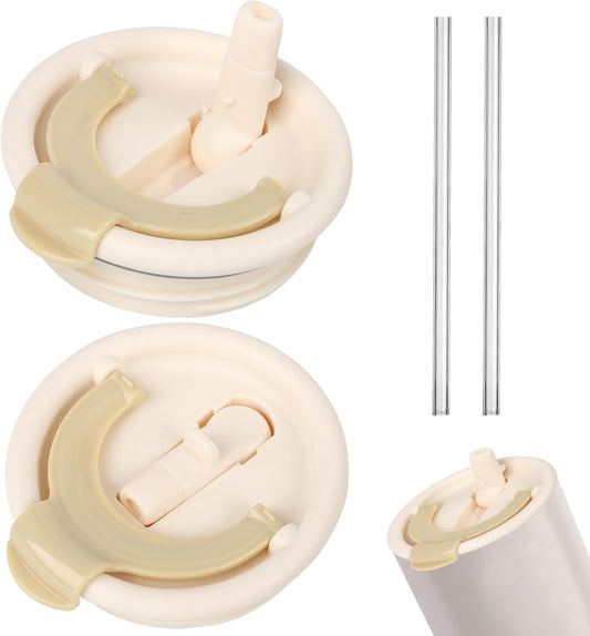 2 Pack Flip Straw Replacement Lids，40 OZ Tumbler Lid Replacement for Stanley Quencher，with 2 Straws, Dual Drinking Outlets, Compatible with Stanley Cup Accessories Spill Proof Tumbler Lids for (Ivory)
