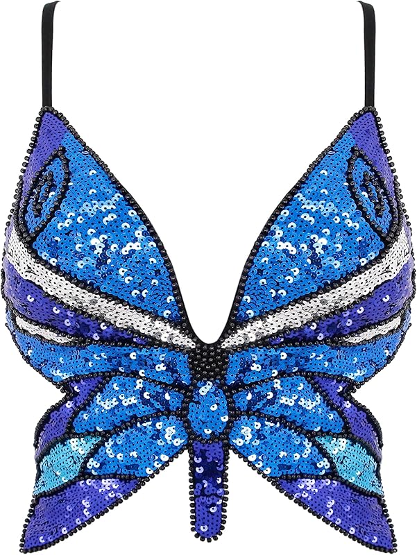 Mocure Womens Glitter Sequin Butterfly Crop Top Low-Cut Tank Top Rave Tube Vest Top for Belly Dance Costume Outfits