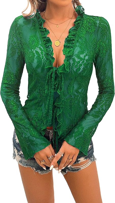 Lace Tops for Women Long Sleeve See Through Sexy Sheer Mesh Crop Top Shirt Open Front Tie Blouse Ruffle for Women