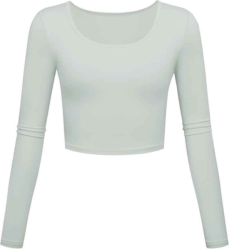 Long Sleeve Crop Tops for Women Workout Basic Clothes for Teen Ladies Fitted Slim Scoop Neck Cute Yoga Shirts