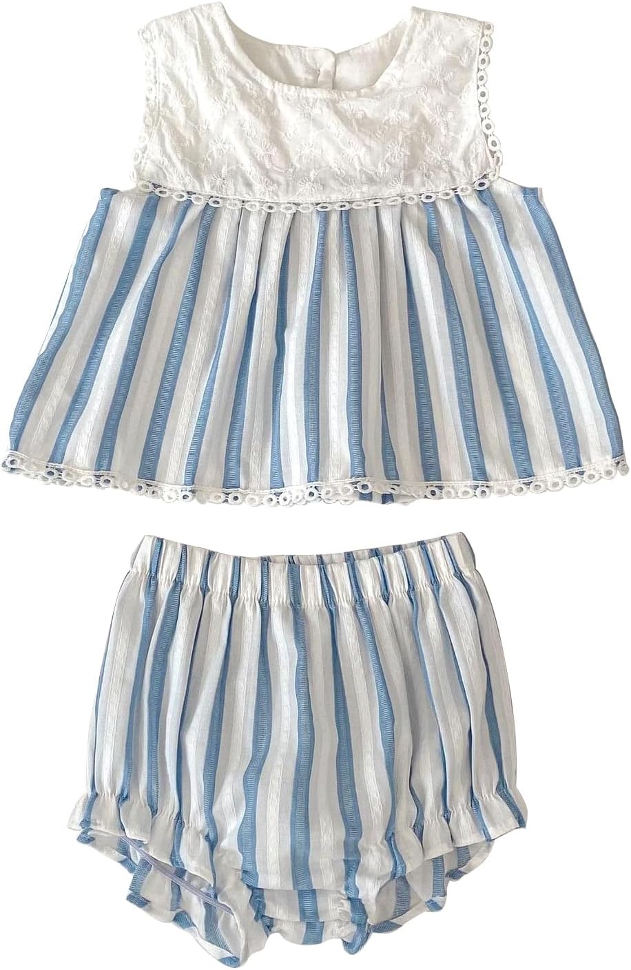 HOOLCHEAN Baby and Toddler Girl 2-Piece Outfit, Dress-Style Cotton Top with Lace Embroidery and Striped Bloomers