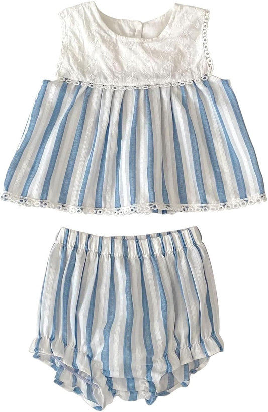HOOLCHEAN Baby and Toddler Girl 2-Piece Outfit, Dress-Style Cotton Top with Lace Embroidery and Striped Bloomers