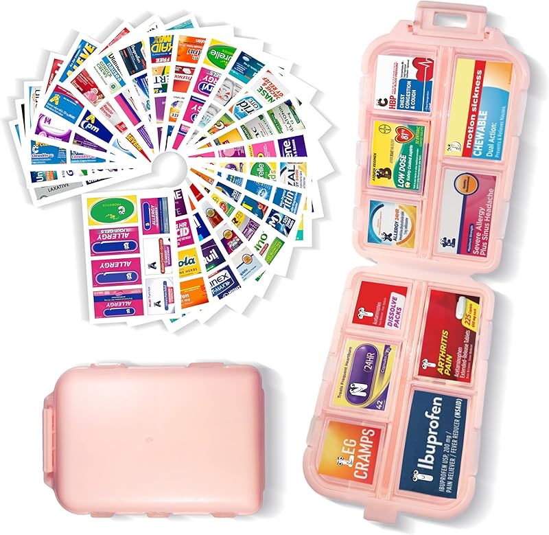 Pill Organizer with Medicine Labels 146 Labels Travel Daily Pill Container Mini Medication Organizer Storage Pill Organizer Travel Essentials Pill Case 7 Day (Purple, 1 Pack(Large))