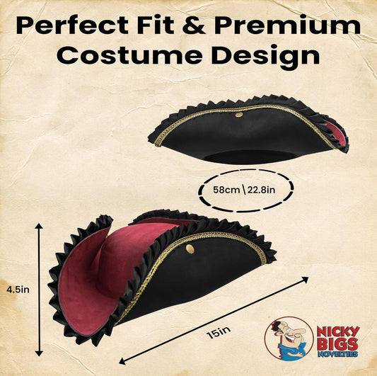 Nicky Bigs Novelties Adult Deluxe Black Tricorn Tricorner Pirate Hat Buccaneers Cap Costume Accessory