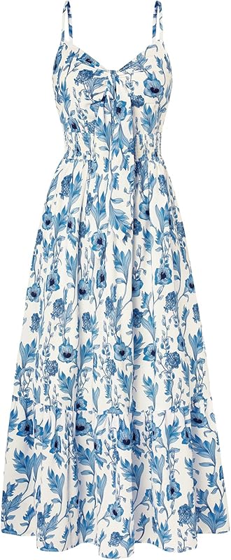 GRACE KARIN Women's 2025 Summer Maxi Dress Floral Tie Front Spaghetti Strap Casual Boho Beach Flowy Sundress with Pockets