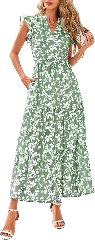 PRETTYGARDEN Women's 2025 Summer Floral Midi Dress Cap Sleeve V Neck Ruffle Long Flowy Boho Casual Beach Vacation Dresses