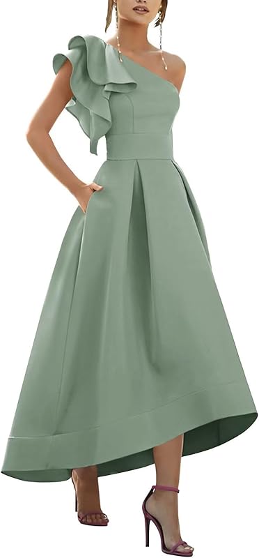 One Shoulder Satin Mother of Bride Dresses 2025 High-Low Ruffle Formal Evening Party Gowns